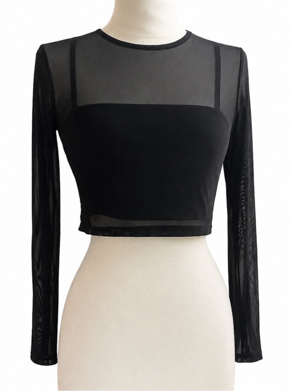 Black Sheer Long-Sleeve Crop Top with Bralette